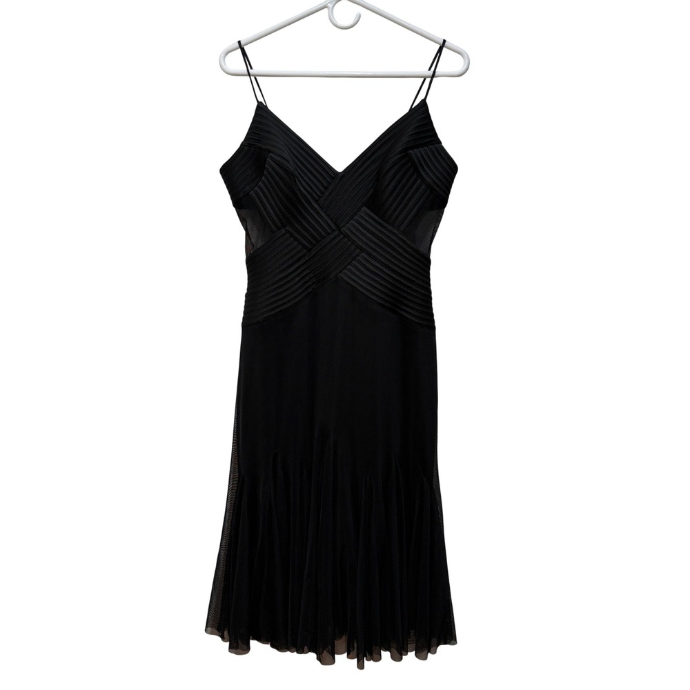 Cache Y2K 90s Black Pleated V-Neck Midi Dress Whimsygoth Mesh Sz 10 Vampire Sexy